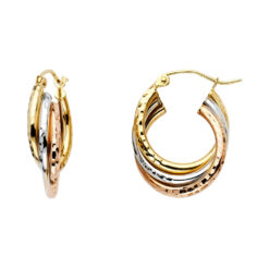 14k Yellow White Rose Gold Tricolor Round Crossover Hoop Earrings Diamond Cut Polished 20mm x 5mm