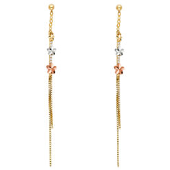 Flower Slim Long Chains Hanging Fashion Earrings Genuine 14k Yellow Gold Diamond Cut New 70mm x 5mm