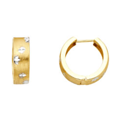Round Diamond Cut Satin Finish Huggie Hoop Earrings Design 14k Yellow White Two Tone Gold 15mm x 5mm