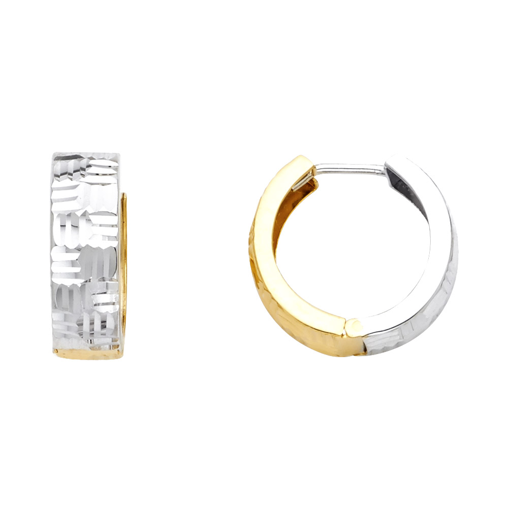 14k Yellow White Two Tone Gold Round Huggie Diamond Cut Stamp Hoop Double Sided Earrings 15mm x 5mm