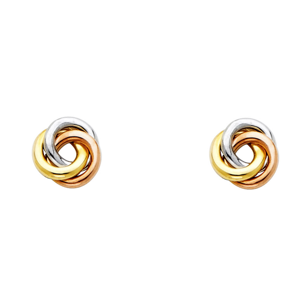 14k Yellow White Rose Tricolor Gold Three Circle Post Studs Fancy Love Knot Swirl Earrings 8mm x 8mm
