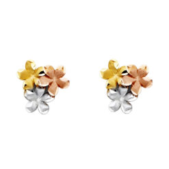 14k Yellow White Rose Tricolor Gold Three Flower Cluster Studs Post Earrings Diamond Cut 11mm x 11mm