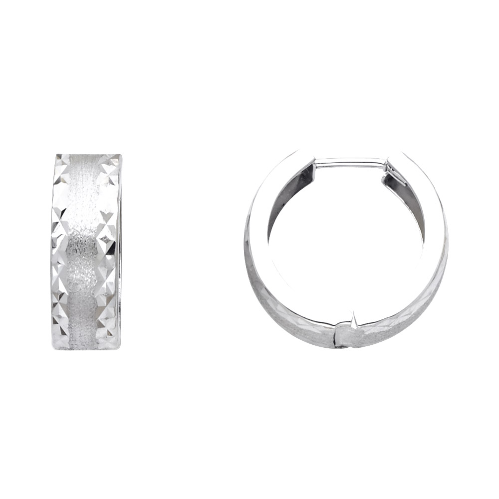 14k White Gold Round Diamond Cut Stamp Hoops Huggie Earrings Sand Satin Polished Finish 15mm x 5mm