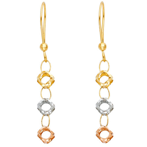 Ladies Fancy Perforated Ball Design Long Hanging Diamond Cut Earrings 14k Tricolor Gold 50mm x 6mm