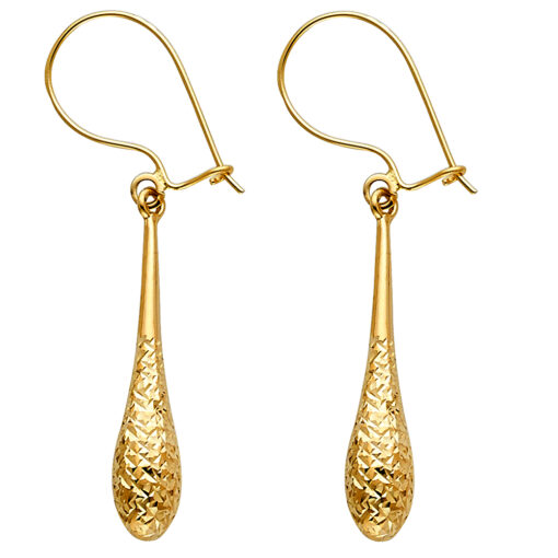 14k Yellow Gold Hollow Diamond Cut Teradrop Hanging Hook Drop Earrings Fashion Genuine 30mm x 5mm