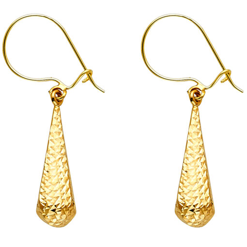 14k Yellow Gold Fancy Hollow Teardrop Hanging Earrings Diamond Cut Fancy Fashion Genuine 25mm x 6mm