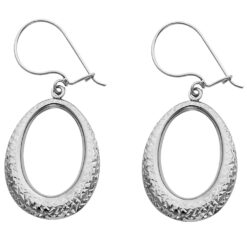 Oval Teardrop Hook Earrings 14k White Gold Diamond Cut Open Hollow Design Fancy Fashion 23mm x 18mm