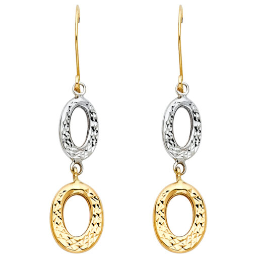 Womens Diamond Cut 2 Oval Drop Hanging Earrings 14k Two Tone Gold Fancy Fashion Genuine 33mm x 10mm