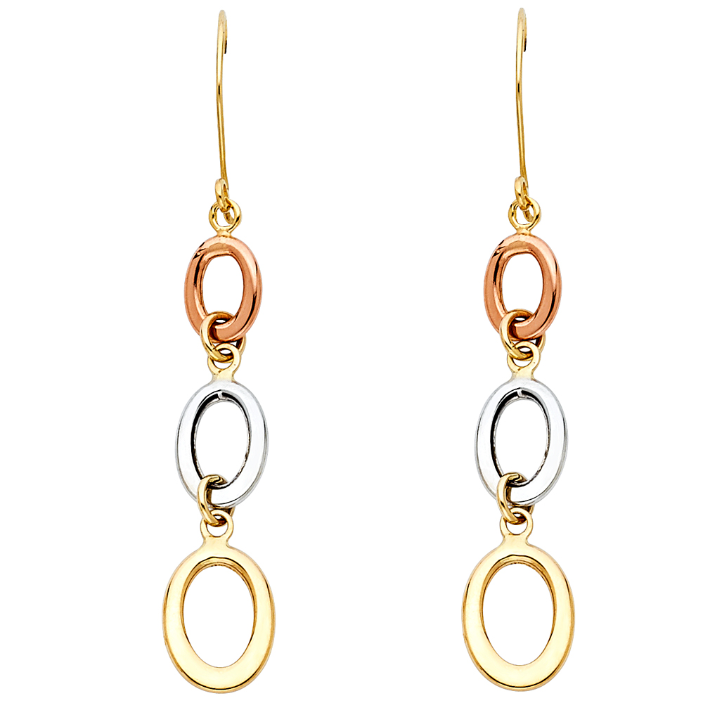 14k Tricolor Gold Hollow 3 Oval Open Design Hanging Drop Earrings Fancy Style For Ladies 41mm x 8mm