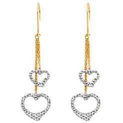 14k Yellow White Two Tone Gold Perforated Two 2 Hearts Hanging Chains Earrings Fancy New 30mm x 15mm