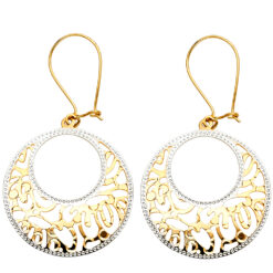 14k Yellow White Gold Fancy Design Cut Out Round Earrings Diamond Cut Fashion Genuine 26mm x 28mm