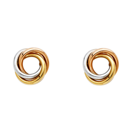 14k Yellow White Rose Tricolor Gold Round Love Knot Studs Unique Post Swirl Earrings Fancy 8mm x 8mm