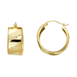 14k Yellow Gold Round Satin Finish Wide Diagonal Diamond Cut Hoop Earrings French Lock 18mm x 18mm