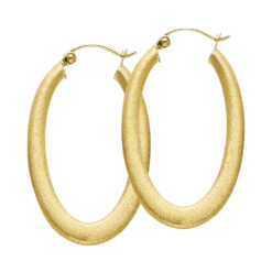 14k Yellow Gold Hollow Oval Hoop Earrings Frenck Lock Fancy Design Sand / Satin Finish 30mm x 20mm