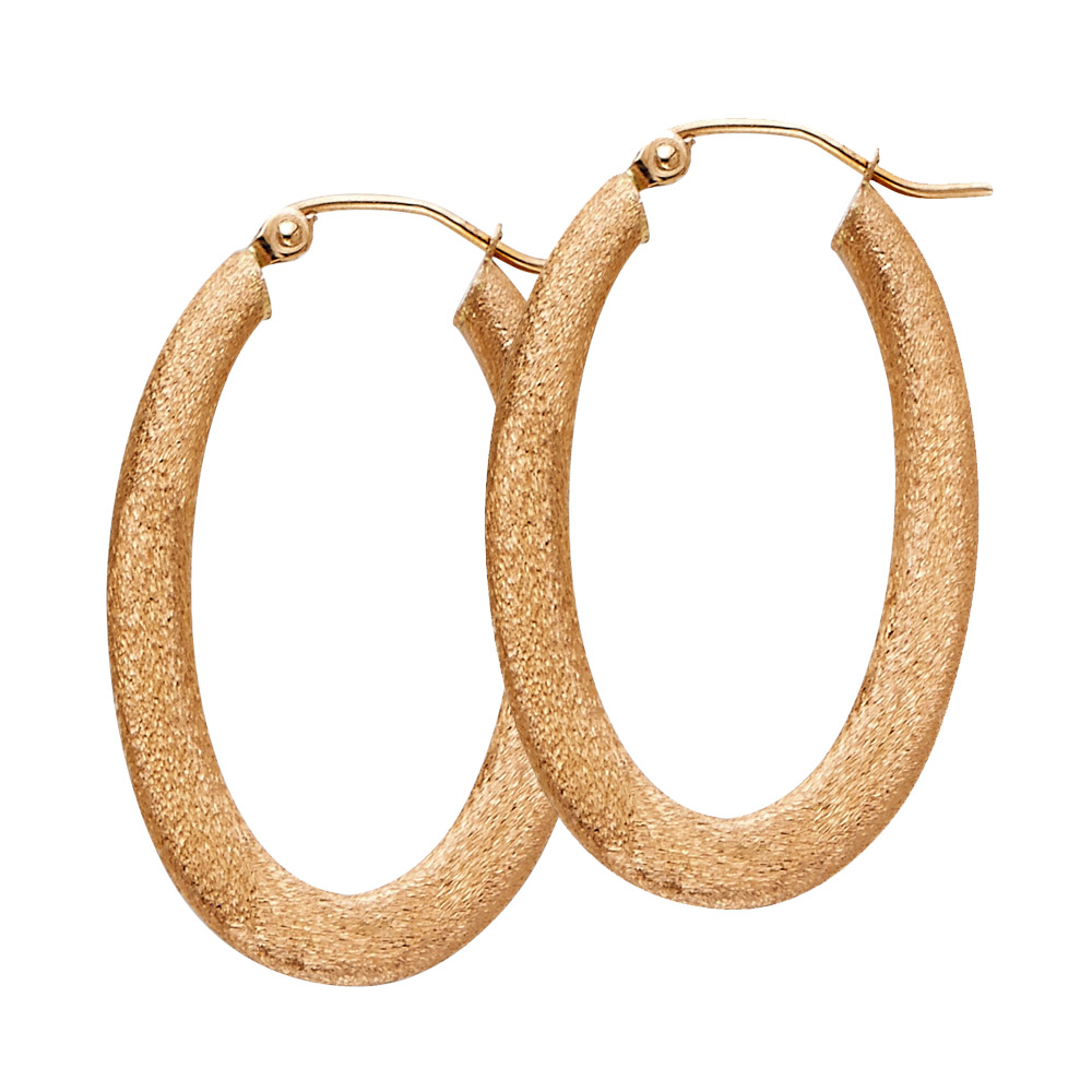 14k Rose Gold Hollow Oval Hoop Earrings Frenck Lock Fancy Design Sand / Satin Finish 30mm x 20mm