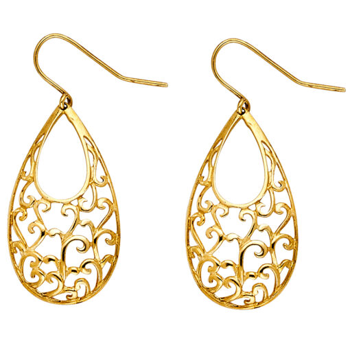 Teardrop Drop Earrings 14k Yellow Gold Design Cut Out Diamond Cut Fancy Fashion Design 27mm x 15mm