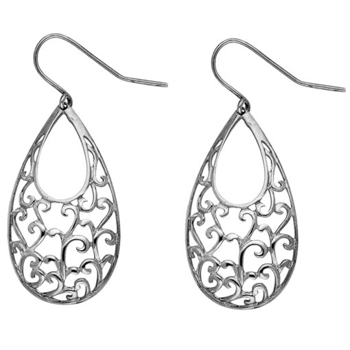 Teardrop Drop Earrings 14k White Gold Design Cut Out Diamond Cut Fancy Fashion Design 27mm x 15mm