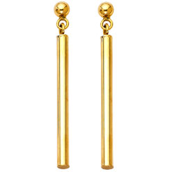 14k Yellow Gold Round Bar Hanging Drop Earrings Polished Fancy Fashion Design Genuine 40mm x 2.5mm