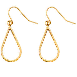 14k Yellow Gold Thin Teardrop Hollow Hanging Earrings Textured Hook Fancy Fashion Design 20mm x 10mm