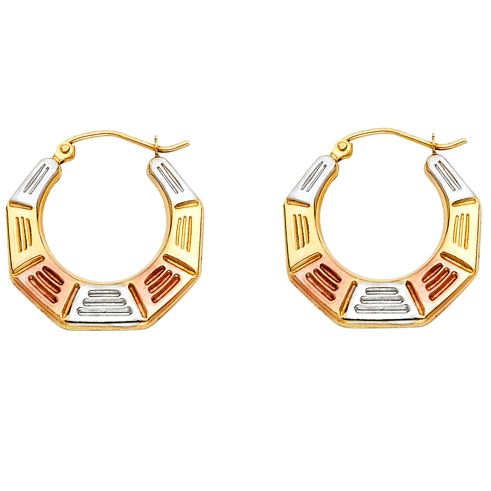 14k Tri Color Gold Fancy Hollow Hoop Earrings Diamond Cut Design French Lock Genuine New 22mm x 21mm
