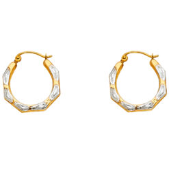 Two Tone Hollow Hoop Earrings Genuine 14k Yellow White Gold Diamond Cut French Lock 18mm x 18mm