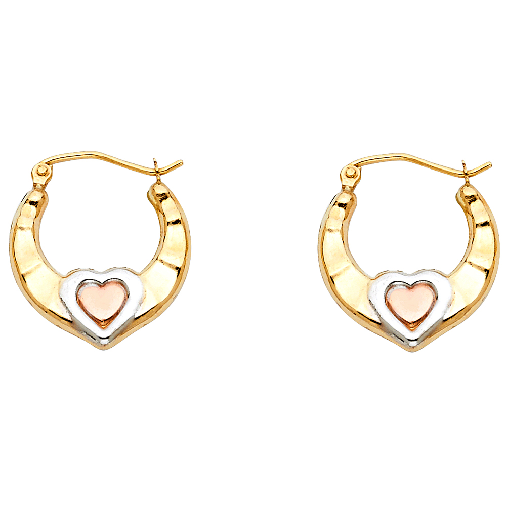 14k Tricolor Gold Fancy Hollow Heart Hoop Earrings Polished Finish French Lock Genuine 17mm x 19mm