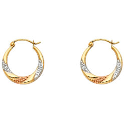 Round Fancy Hollow Hoop Earrings Diamond Cut Design Genuine 14k Tricolor Gold Genuine 18mm x 18mm