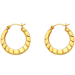 Round Diamond Cut Small Hollow Hoop Earrings Genuine 14k Yellow Gold Polished Fancy New 17mm x 17mm
