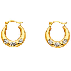 Fancy Round Hollow Huggie Hoop Earrings 14k Yellow White Two Tone Gold Polished Design 15mm x 15mm
