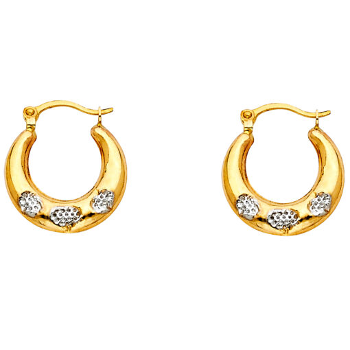 Fancy Round Hollow Huggie Hoop Earrings 14k Yellow White Two Tone Gold Polished Design 15mm x 15mm