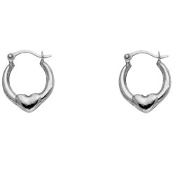 Small Tiny Round Fancy Heart Huggie Hoop Earrings For Girls Hollow 14k White Gold Genuine 7mm x 7mm