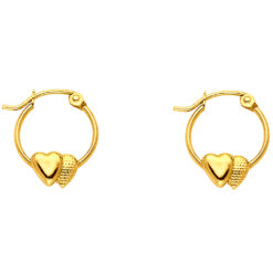 14k Yellow Gold Round Small Fancy Double Heart Hoop Earrings French Lock Polished Design 12mm x 12mm