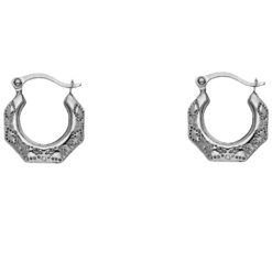 Tiny Huggie Diamond Cut Hollow Hoops Fancy Small Earrings 14k White Gold Genuine Design 13mm x 13mm