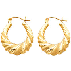 Fancy Hollow Hoops Matte Satin Finish Earrings Genuine 14k Yellow Gold Polished Design 25mm x 25mm