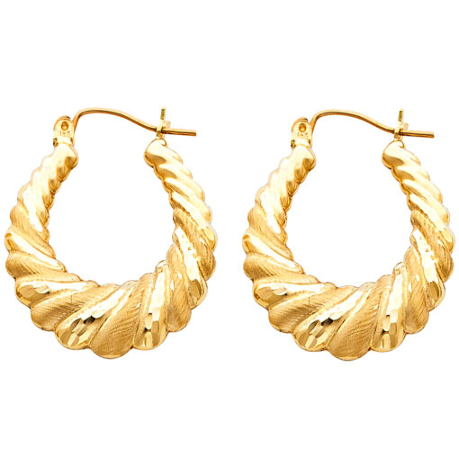 Fancy Hollow Hoops Matte Satin Finish Earrings Genuine 14k Yellow Gold Polished Design 25mm x 25mm