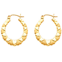 Fancy Hoops Matte/ Satin Hearts Hollow Earrings Polished Genuine 14k Yellow Gold Design 28mm x 23mm