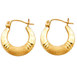 14k Yellow Gold Hollow Fancy Satin Polished Hoop Earrings Diamond Cut French Lock Design 20mm x 18mm