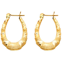 Diamond Cut Oval Matte Fancy Hoop Earrings Hollow 14k Yellow Gold Drop Design Genuine 25mm x 18mm