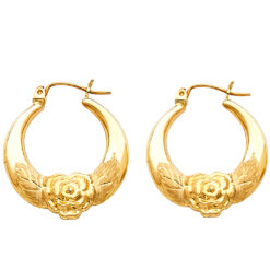 Fancy Hollow Matte Rose Hoop Earrings Genuine 14k Yellow Gold Round Polished Design New 27mm x 24mm