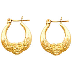 Hollow 14k Yellow Gold Fancy Rose Hoop Earrings Matte Polished Finish French Lock Design 21mm x 19mm