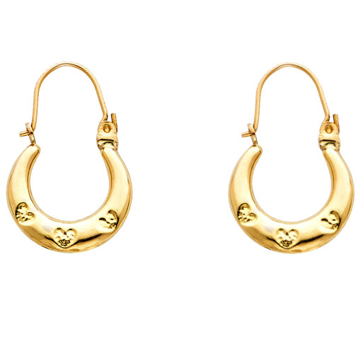 Heart Drop Hoop Earrings Polished Fancy Hollow 14k Yellow Gold Round Diamond Cut Design 22mm x 14mm