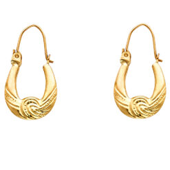Hollow Fancy Oval Hoop Earrings Diamond Cut Drop Design Genuine 14k Yellow Gold Polished 22mm x 13mm