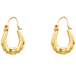Small Fancy Oval Huggie Drop Hoop Earrings Diamond Cut Design Hollow 14k Yellow Gold New 22mm x 13mm