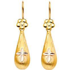 Hollow 14k Yellow Rose Two Tone Gold Flower Teardrop Hanging Sand Satin Polished Finish 33mm x 9mm