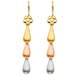14k Yellow White Rose Tricolor Gold Flower 3 Teardrops Hanging Hollow Satin Drop Earrings 42mm x 5mm