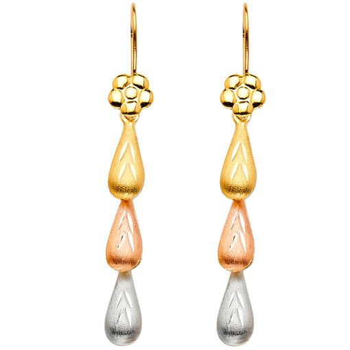 14k Yellow White Rose Tricolor Gold Flower 3 Teardrops Hanging Hollow Satin Drop Earrings 42mm x 5mm