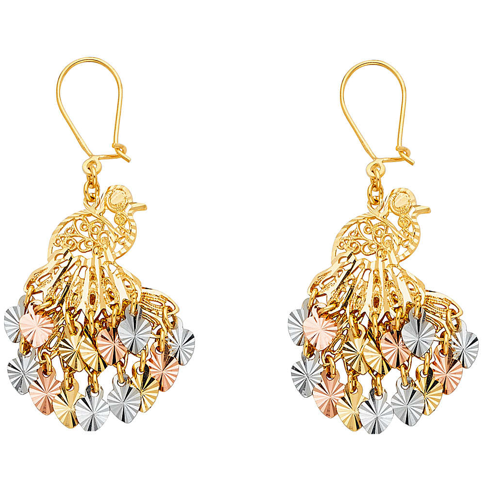 Ladies Chandelier Peacock And Hearts Filigree Hanging Earrings 14k Tricolor Gold Fancy 33mm x 20mm