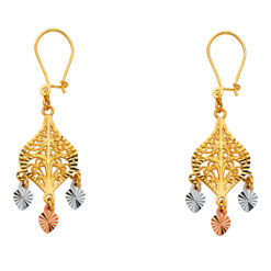 14k Tricolor Gold Diamond Cut Chandelier Hanging Earrings With 3 Hearts Polished Fancy 31mm x 12mm