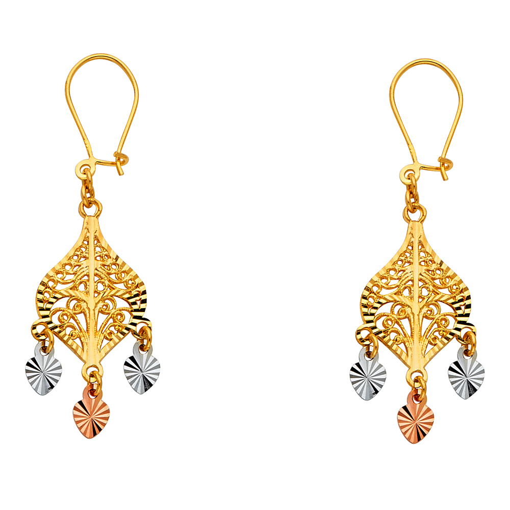 14k Tricolor Gold Diamond Cut Chandelier Hanging Earrings With 3 Hearts Polished Fancy 31mm x 12mm