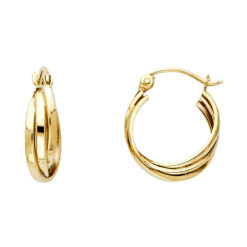 14k Yellow Gold Ladies Three 3 Line Twisted Hoop Fancy Earrings French Lock Polished New 13mm x 13mm